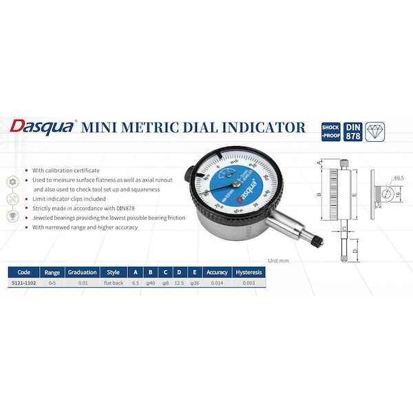 H & H Industrial Products Dasqua 0-5mm Flat Back Mini Metric Dial Indicator 5121-1102 - main